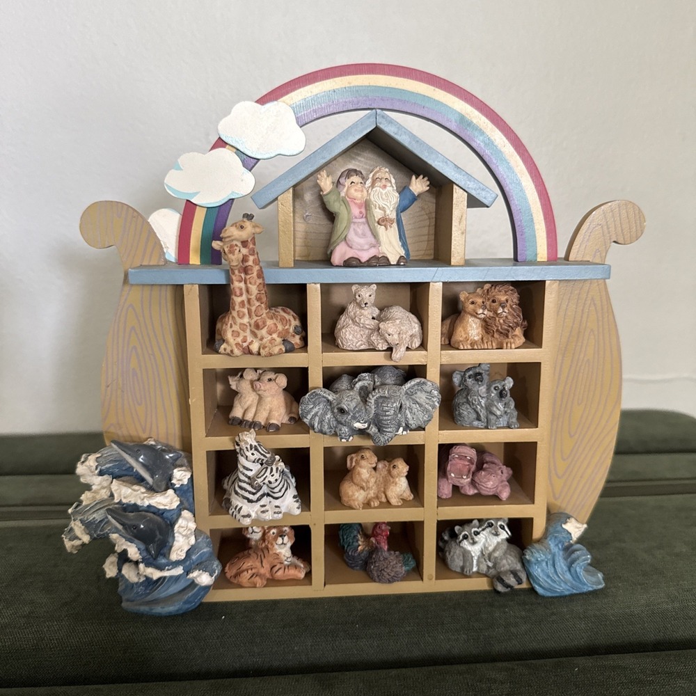 Noah's Ark Shelf Wooden Trinket Shadow Box W/ Animal Trinkets Nursery Religious